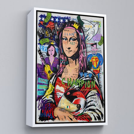 Kahverengi Çerçeveli Renkli Mona Lisa Banksy Kanvas Tablo, Sokak Sanatı, Pop Art
