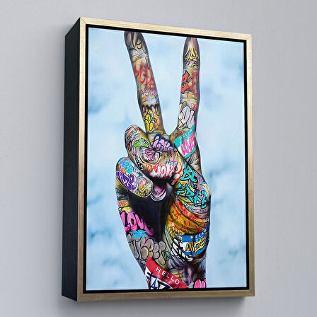 Kahverengi Çerçeveli Kanvas Tablo Graffiti Zafer İşareti Bansky Duvar Sanatı, Graffiti Sokak Sanatı