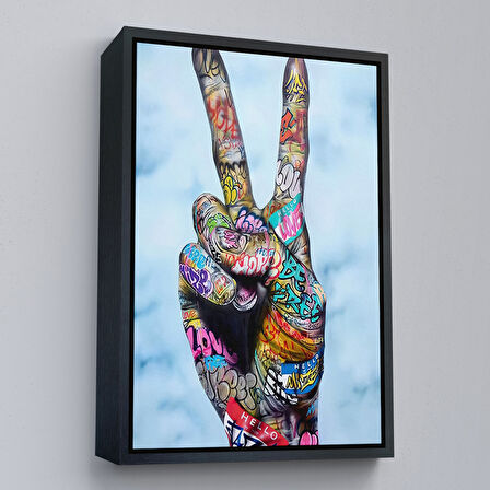 Kahverengi Çerçeveli Kanvas Tablo Graffiti Zafer İşareti Bansky Duvar Sanatı, Graffiti Sokak Sanatı