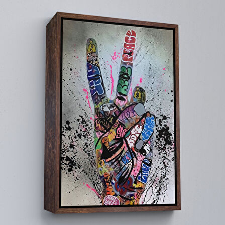 Beyaz Çerçeveli Bansky El Hareketi Kanvas Tablo, Graffiti Zafer İşareti Sokak Sanatı Tablo