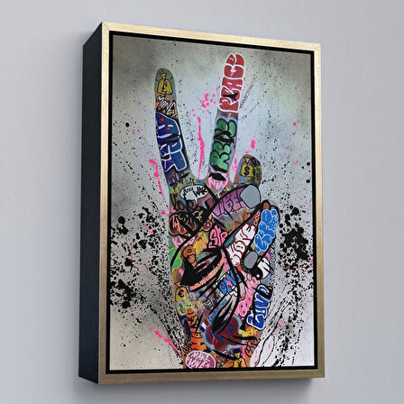Kahverengi Çerçeveli Bansky El Hareketi Kanvas Tablo, Graffiti Zafer İşareti Sokak Sanatı Tablo