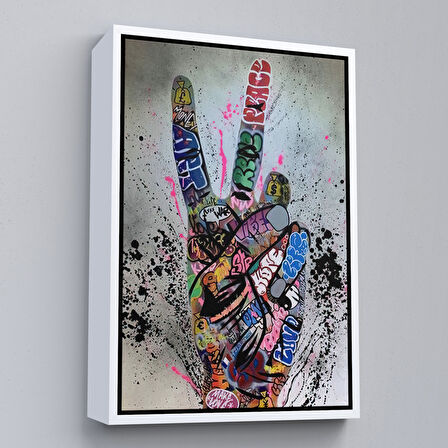 Kahverengi Çerçeveli Bansky El Hareketi Kanvas Tablo, Graffiti Zafer İşareti Sokak Sanatı Tablo