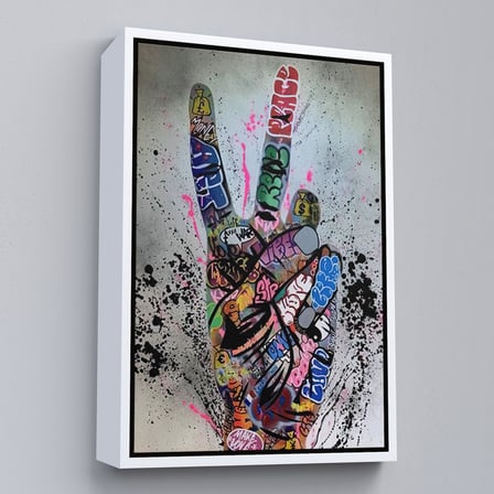 Beyaz Çerçeveli Bansky El Hareketi Kanvas Tablo, Graffiti Zafer İşareti Sokak Sanatı Tablo