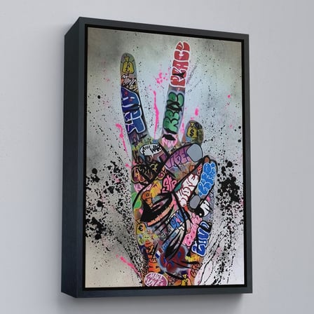 Beyaz Çerçeveli Bansky El Hareketi Kanvas Tablo, Graffiti Zafer İşareti Sokak Sanatı Tablo