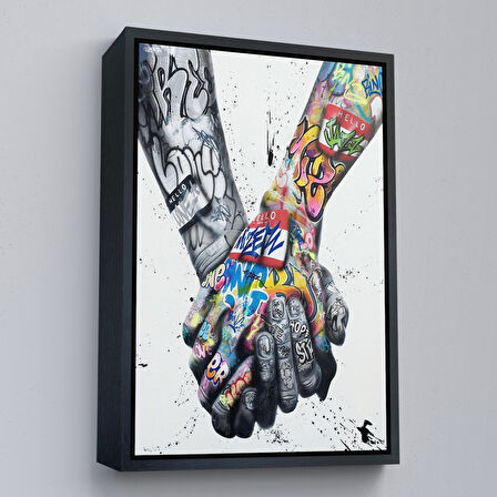 Altın Çerçeveli Graffiti El Duvar Posteri, El Ele Tutarak Duvar Sanatı Kanvas Tablo