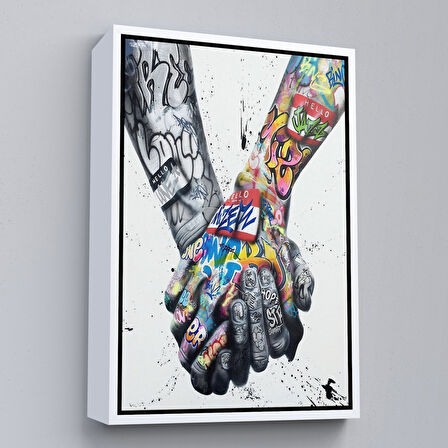 Altın Çerçeveli Graffiti El Duvar Posteri, El Ele Tutarak Duvar Sanatı Kanvas Tablo