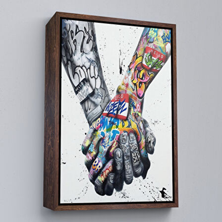 Altın Çerçeveli Graffiti El Duvar Posteri, El Ele Tutarak Duvar Sanatı Kanvas Tablo