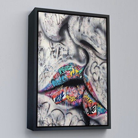 Altın Çerçeveli Öpüşme Kanvas Duvar Sanatı, Öpüşme Banksy Tarzı Graffiti Sokak Kanvas Tablo