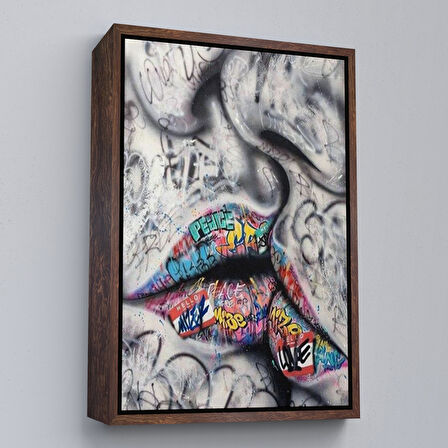 Beyaz Çerçeveli Öpüşme Kanvas Duvar Sanatı, Öpüşme Banksy Tarzı Graffiti Sokak Kanvas Tablo