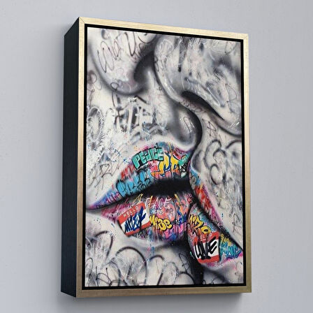 Beyaz Çerçeveli Öpüşme Kanvas Duvar Sanatı, Öpüşme Banksy Tarzı Graffiti Sokak Kanvas Tablo