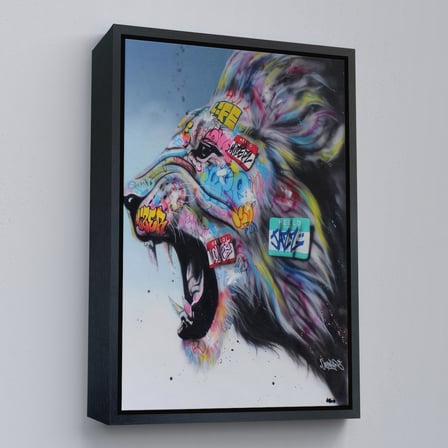Altın Çerçeveli Renkli Kükreyen Aslan Kanvas Tablo, Pop Art, Sokak Sanatı