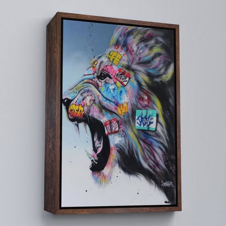 Beyaz Çerçeveli Renkli Kükreyen Aslan Kanvas Tablo, Pop Art, Sokak Sanatı