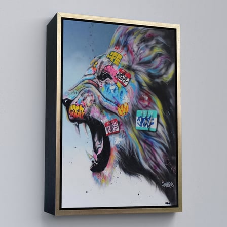 Beyaz Çerçeveli Renkli Kükreyen Aslan Kanvas Tablo, Pop Art, Sokak Sanatı