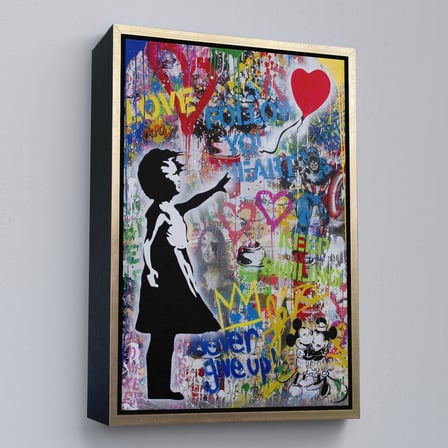 Altın Çerçeveli Renkli Balon Kız Sanatı, Banksy Kanvas Tablo