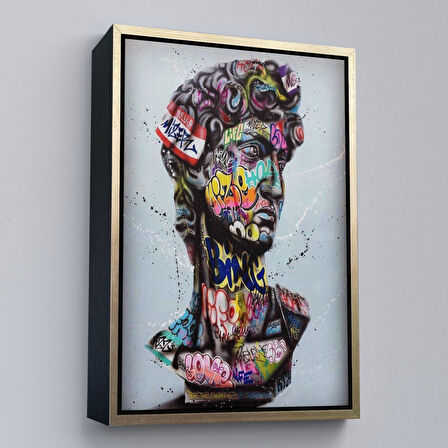 Altın Çerçeveli Banksy Antik Kafa Çizimi Renkli Poster, Michelangelo Sokak Sanatı Kanvas Tablo