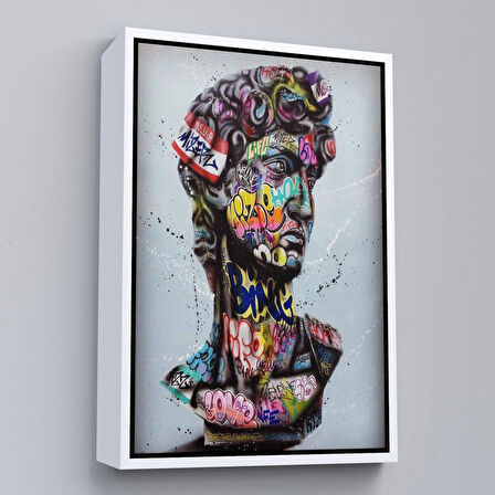 Altın Çerçeveli Banksy Antik Kafa Çizimi Renkli Poster, Michelangelo Sokak Sanatı Kanvas Tablo