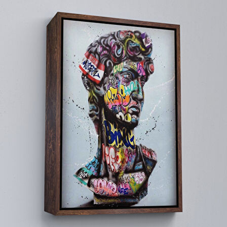 Altın Çerçeveli Banksy Antik Kafa Çizimi Renkli Poster, Michelangelo Sokak Sanatı Kanvas Tablo