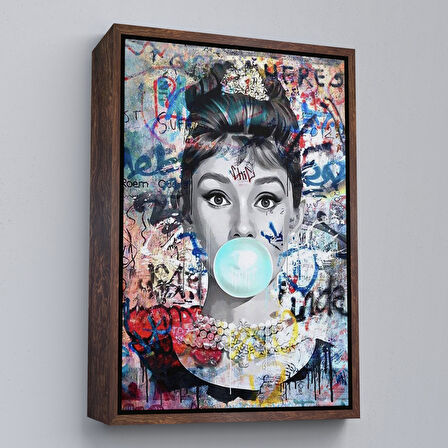 Kahverengi Çerçeveli Audrey Hepburn Banksy Style Duvar Sanatı Ciklet Posteri, Hepburn Kanvas Tablo