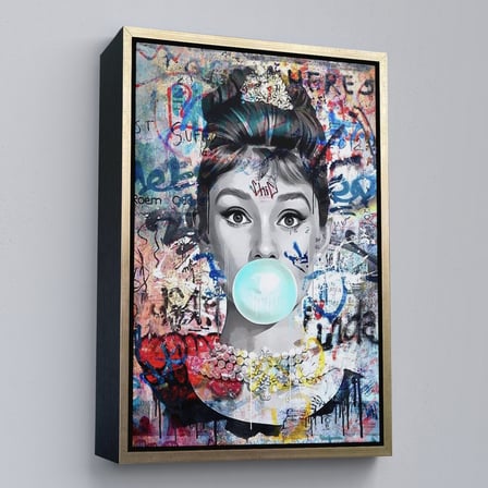 Altın Çerçeveli Audrey Hepburn Banksy Style Duvar Sanatı Ciklet Posteri, Hepburn Kanvas Tablo
