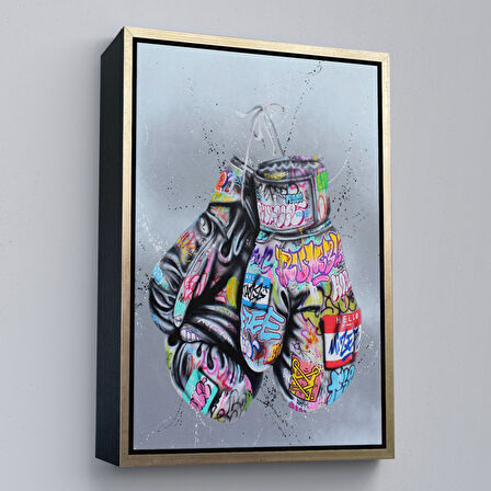 Altın Çerçeveli Boks Eldivenleri Kanvas Tablo, Renkli Banksy Sokak Graffiti Kanvas Tablo