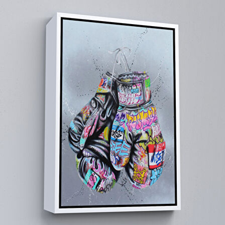 Altın Çerçeveli Boks Eldivenleri Kanvas Tablo, Renkli Banksy Sokak Graffiti Kanvas Tablo