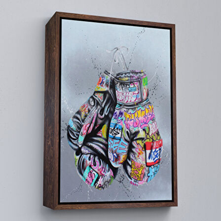 Altın Çerçeveli Boks Eldivenleri Kanvas Tablo, Renkli Banksy Sokak Graffiti Kanvas Tablo