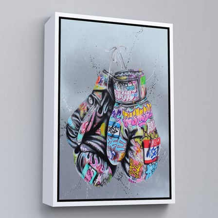 Beyaz Çerçeveli Boks Eldivenleri Kanvas Tablo, Renkli Banksy Sokak Graffiti Kanvas Tablo