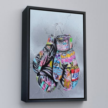 Beyaz Çerçeveli Boks Eldivenleri Kanvas Tablo, Renkli Banksy Sokak Graffiti Kanvas Tablo