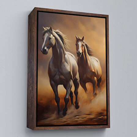 Kahverengi Çerçeveli Denizde Koşan Atlar Tablosu