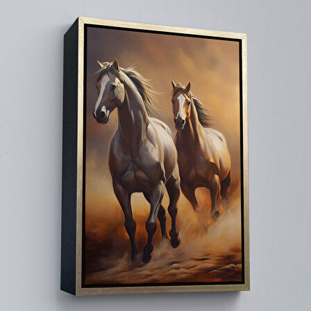 Kahverengi Çerçeveli Denizde Koşan Atlar Tablosu