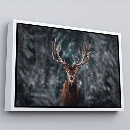 Altın Çerçeveli Ren Geyiği ve Kar Kanvas Tablo, Ren Geyiği Kış Ormanı Tablo