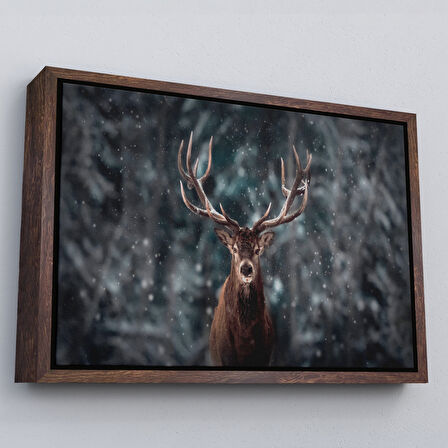 Altın Çerçeveli Ren Geyiği ve Kar Kanvas Tablo, Ren Geyiği Kış Ormanı Tablo