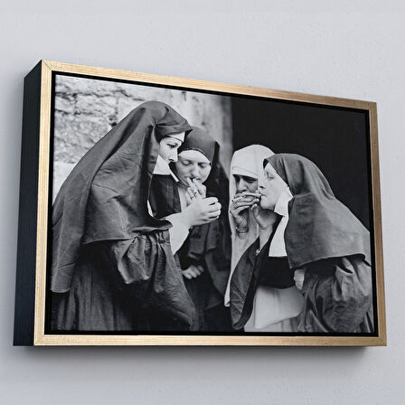 Altın Çerçeveli Sigara İçen Rahibeler Vintage Fotoğraf Tablo, Siyah ve Beyaz Kanvas Tablo