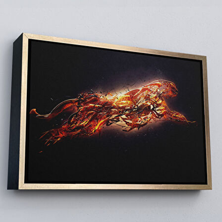 Kahverengi Çerçeveli Altın Renkli Koşan Çita Kanvas Tablo, Hayvan Duvar Sanatı, Büyük Kanvas Tablo