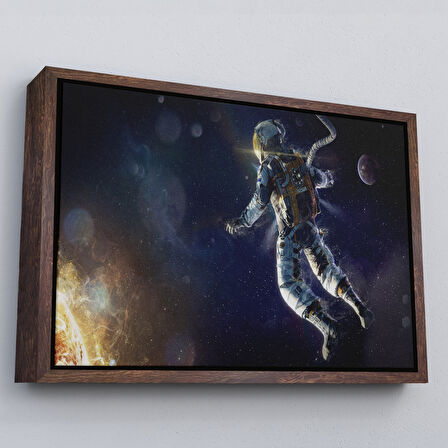 Kahverengi Çerçeveli Astronot Duvar SanatıKanvas Tablo, Uzay Posteri, Astronot Uzayda, Gezegen Arka Planı