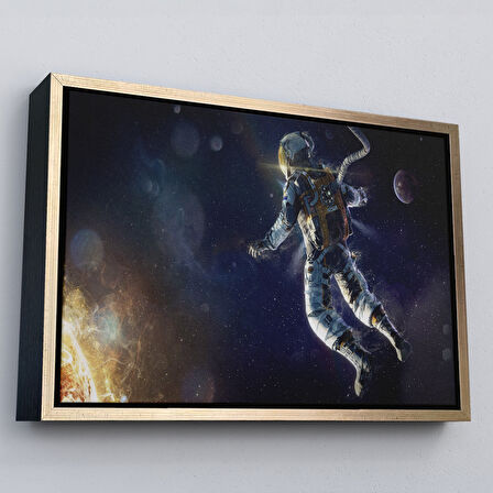 Kahverengi Çerçeveli Astronot Duvar SanatıKanvas Tablo, Uzay Posteri, Astronot Uzayda, Gezegen Arka Planı