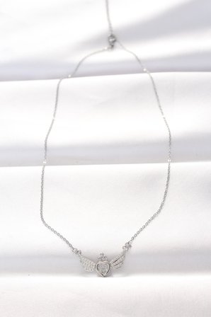 316L Çelik Silver Renk Zirkon Taşlı Kalpli Kanat Kolye 5886