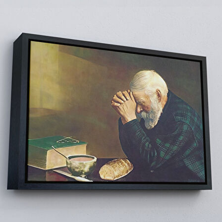 Beyaz Çerçeveli Eric Enstrom Grace Adam Ekmek Üzerinde Dua Ediyor Kanvas Tablo