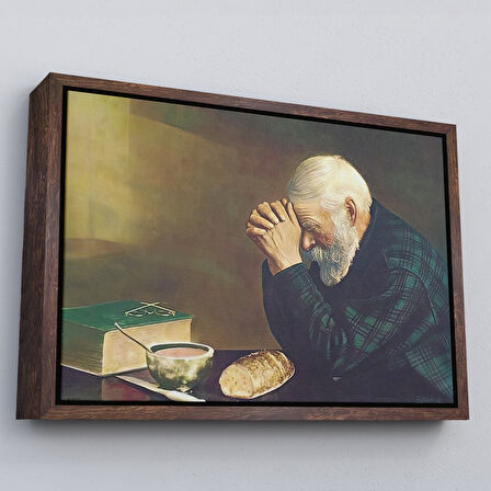 Siyah Çerçeveli Eric Enstrom Grace Adam Ekmek Üzerinde Dua Ediyor Kanvas Tablo