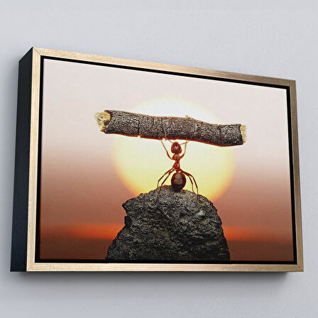 Altın Çerçeveli Güçlü Karınca Kanvas Duvar Sanatı, Ağacı Kaldıran Karınca, Motivasyon Tablosu