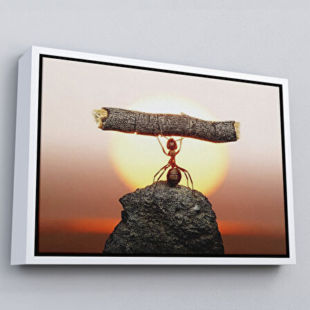 Altın Çerçeveli Güçlü Karınca Kanvas Duvar Sanatı, Ağacı Kaldıran Karınca, Motivasyon Tablosu