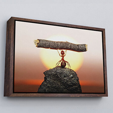 Altın Çerçeveli Güçlü Karınca Kanvas Duvar Sanatı, Ağacı Kaldıran Karınca, Motivasyon Tablosu