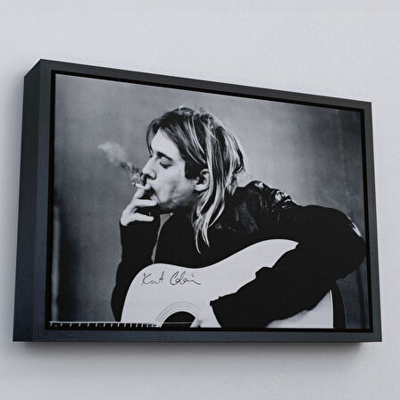 Siyah Çerçeveli Kurt Cobain Sigara İçen Ünlü Baskı Duvar Sanatı Kanvas Tablo, Nirvana Baskı