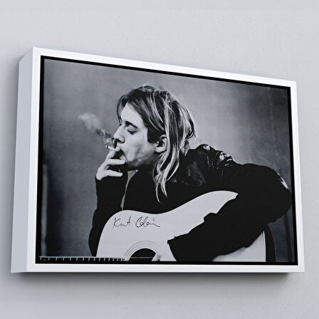 Siyah Çerçeveli Kurt Cobain Sigara İçen Ünlü Baskı Duvar Sanatı Kanvas Tablo, Nirvana Baskı
