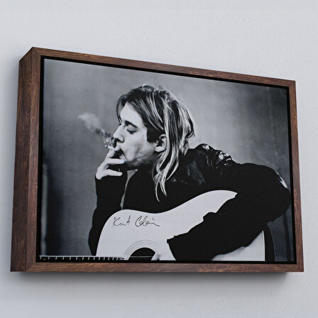 Siyah Çerçeveli Kurt Cobain Sigara İçen Ünlü Baskı Duvar Sanatı Kanvas Tablo, Nirvana Baskı