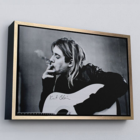 Siyah Çerçeveli Kurt Cobain Sigara İçen Ünlü Baskı Duvar Sanatı Kanvas Tablo, Nirvana Baskı