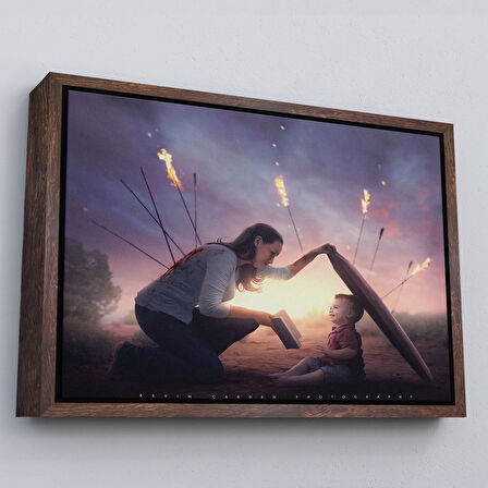 Kahverengi Çerçeveli Çocuğunu Bilgi İle Koruyan Anne Kanvas Tablo, Kütüphane Posteri