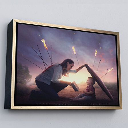 Kahverengi Çerçeveli Çocuğunu Bilgi İle Koruyan Anne Kanvas Tablo, Kütüphane Posteri