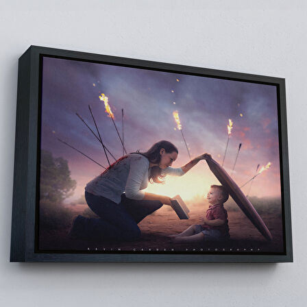 Kahverengi Çerçeveli Çocuğunu Bilgi İle Koruyan Anne Kanvas Tablo, Kütüphane Posteri