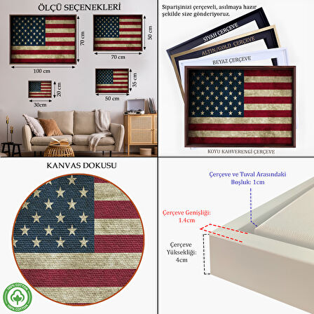 Siyah Çerçeveli Amerika Birleşik Devletleri Bayrağı Rustik Kanvas Tablo